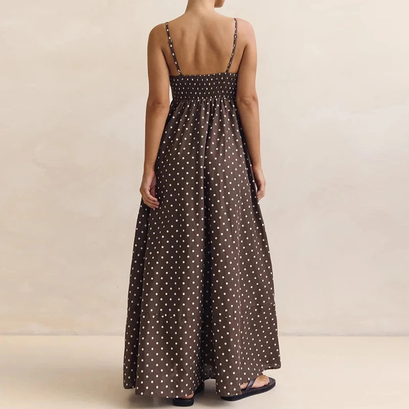 Women's Summer Slip Dress Polka Dot Print Sleeveless Spaghetti Strap Backless Long A Line Dress with Pockets Beachwear