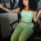 Stripe Print 2 Piece Set Woman Summer Trend Wrap Chest Backless Tank Tops+Skinny Crop Pants Sexy Fashion Style Suits