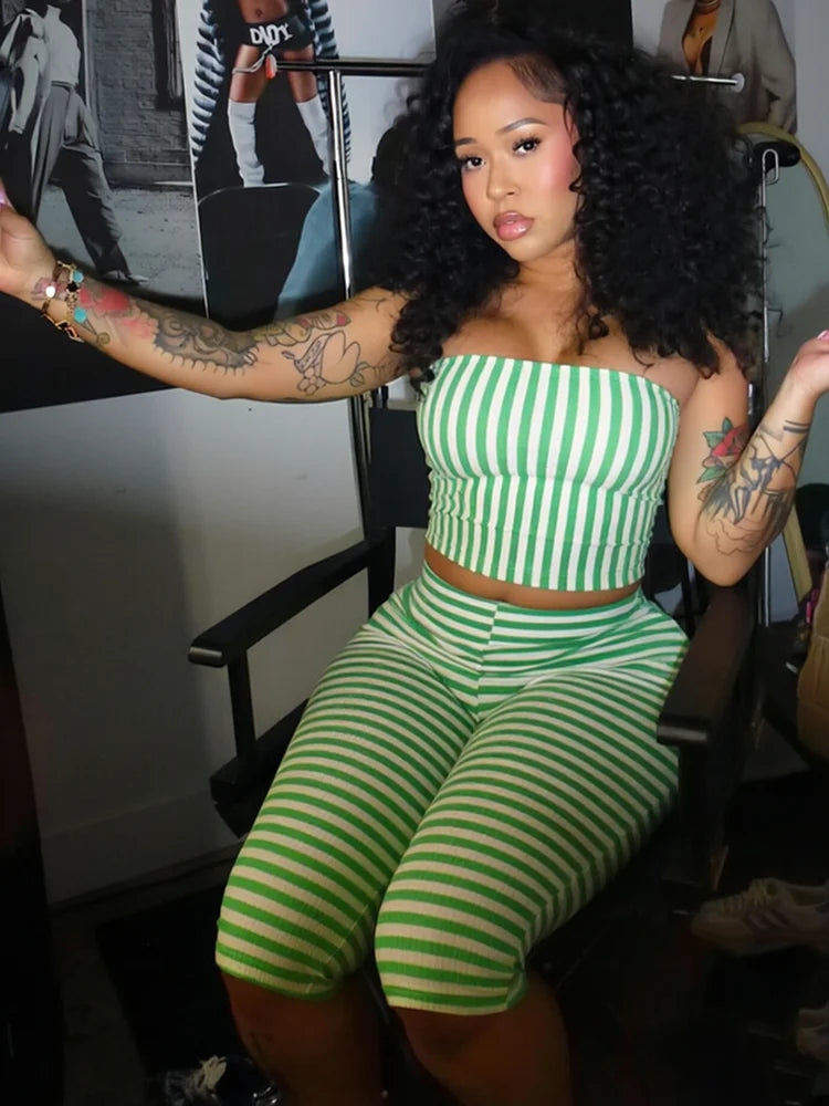 Stripe Print 2 Piece Set Woman Summer Trend Wrap Chest Backless Tank Tops+Skinny Crop Pants Sexy Fashion Style Suits