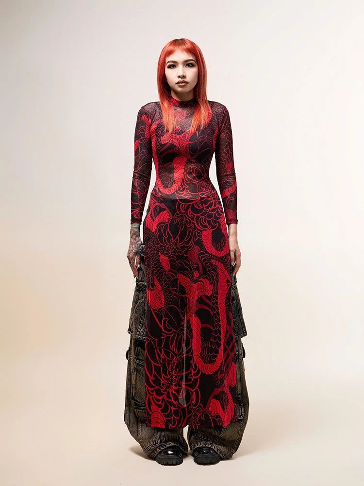 Snake Print See Through Blouse Women Half-High Neck Long Sleeves High Slits High Elasticity Street Skinny Trend Long Tops