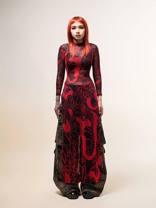 Snake Print See Through Blouse Women Half-High Neck Long Sleeves High Slits High Elasticity Street Skinny Trend Long Tops