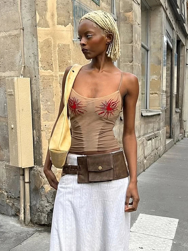 Sun Print Sexy Women Camisole Y2K Summer Fashion Low-Neck Coquette Midnight Party Club Wild Basic Street Slim Tees