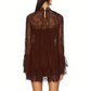 Women Elegant Lace Sheer Mesh Mini Dress High Neck Long Sleeve Flounce Hem A Line Dress for Wedding Guest Nightclub