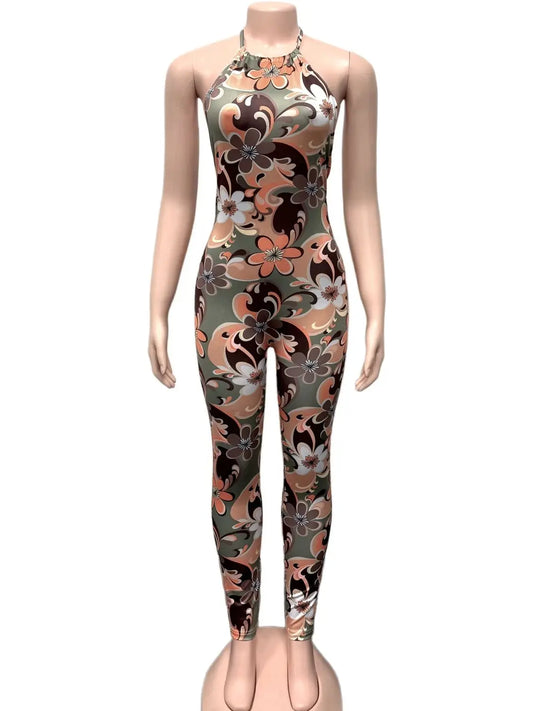 Backless Halter Jumpsuit Women Sexy Colorful Flowers Print Sleeveless Summer Trend Skinny Hottie Streetwear Overalls