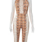 Serpentine Print Jumpsuits Women Bandage Halter Backless Sleeveless Skinny Peach Hip Midnight Club Party Overalls