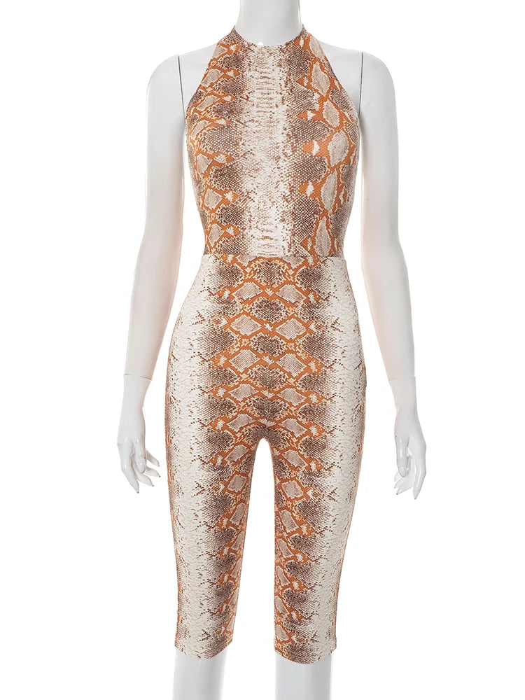 Serpentine Print Jumpsuits Women Bandage Halter Backless Sleeveless Skinny Peach Hip Midnight Club Party Overalls
