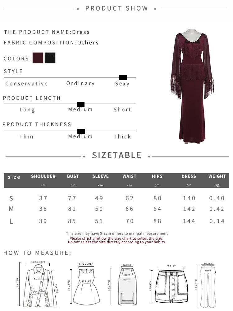 Autumn New Style Long Dress Woman Tassel Decoration Low-Neck Full Sleeve Midnight Prom Party Elegant High Waist Vestidos