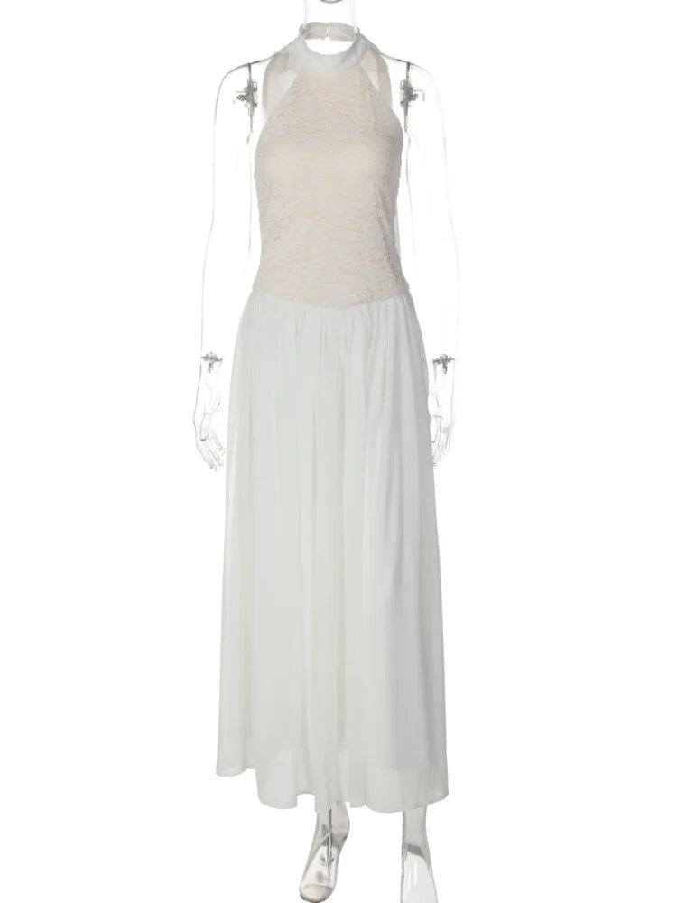 White Lace Halter Maxi Dress For Women Elegant High Neck Long Dress 2026 Summer Sleeveless Pleated Party Evening Gown