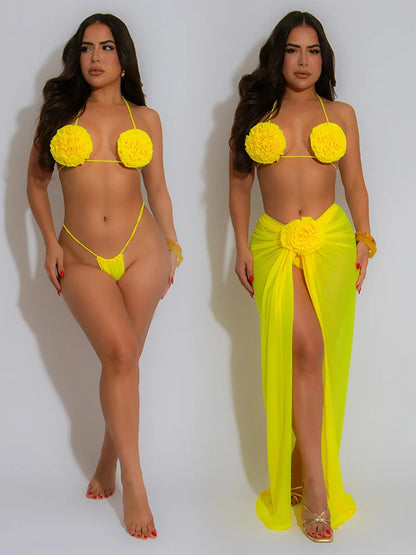 Beach Style Sexy 3 Piece Set Women Lace-Up Halter Pleats Flower Bra+Briefs+See Through Skirts Fashion Bikini Suit