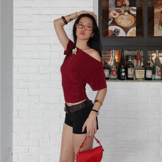 Off The Shoulder Short Sleeve Tops Casual Clothes for Woman Summer Solid Color T Shirts