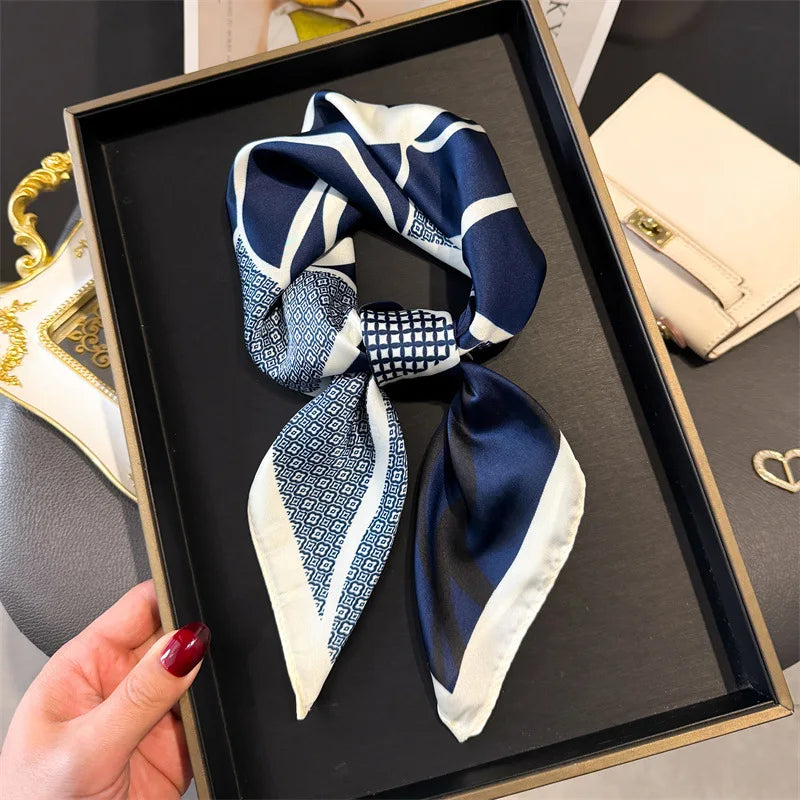Luxury Floral Print 70cm Square Silk Scarf Women Designer Scarves Bandana Foulard Shawl Hijab Echarpe Hairband Tie Ribbon