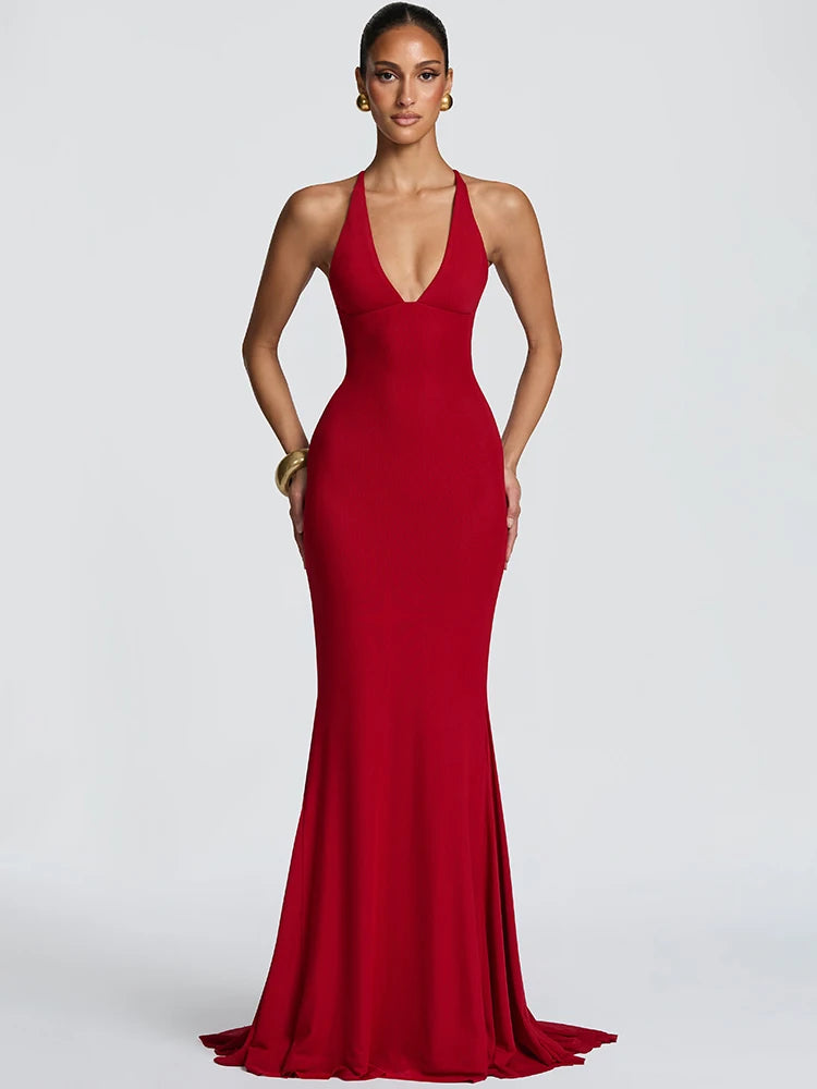 Women Deep V Halter Mermaid Maxi Dress Crisscross Lace Up Backless Long Gown Ruched Bodycon Evening Party Formal Dress