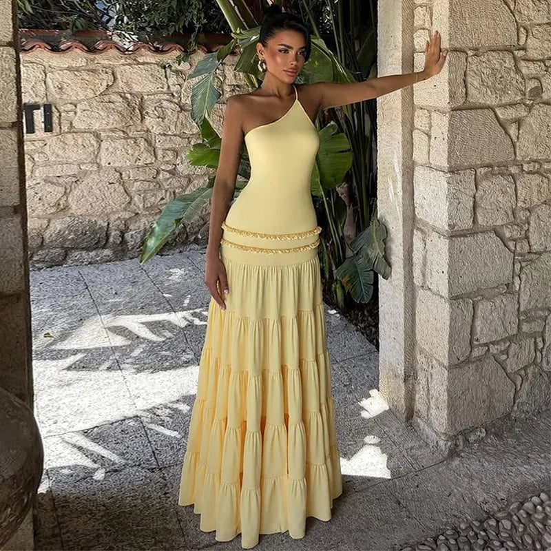 One Shoulder Backless Frilly Long Dresses Yellow Elegant Dresses for Woman Summer Vacation Outfits