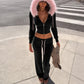 Black Two Piece Set Woman Fall Outfit Y2k Clothes 2000s Tracksuit Fluffy Faux-fur Hoodie and Flared Pants