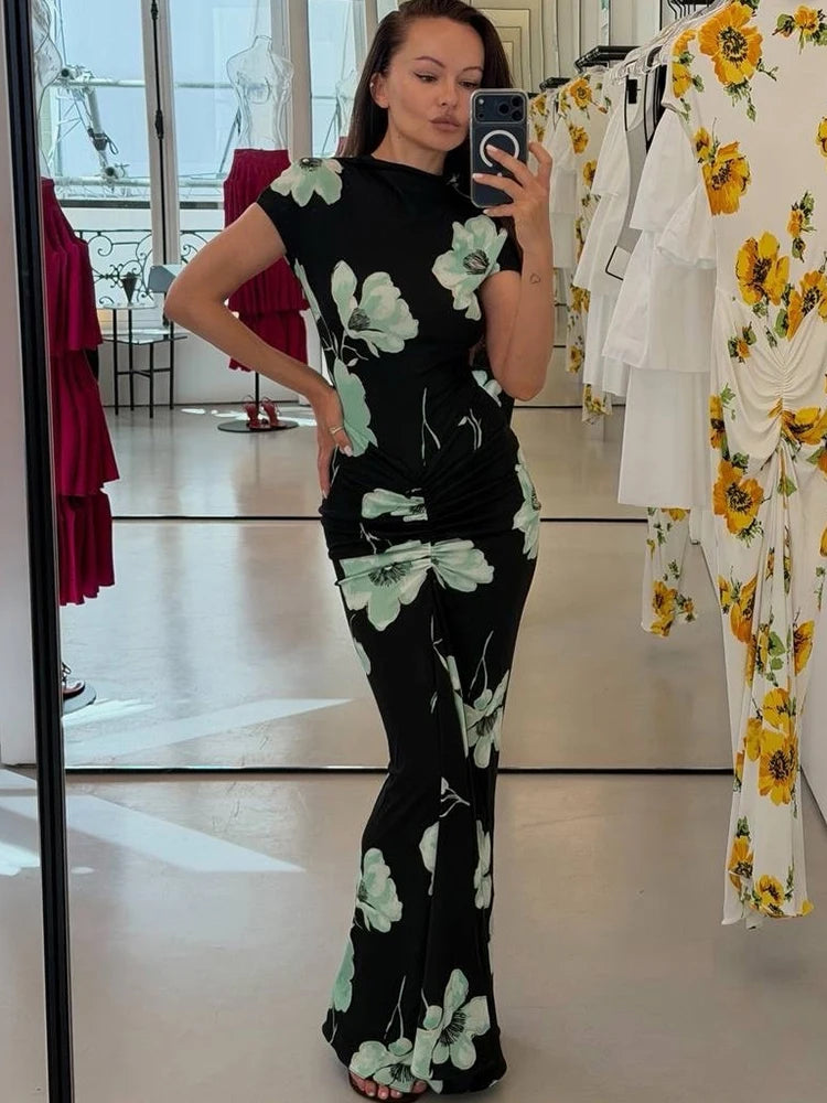 Casual Elegant Long Dress Woman Summer Trend Floral Print o-Neck Short Sleeve Vacation Basic Style High Waist Bodycon