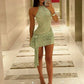 Green Lace Bodycon Dress for Summer Night Club Outfits Sexy Tie Front Halter Backless Mini Dresses for Woman