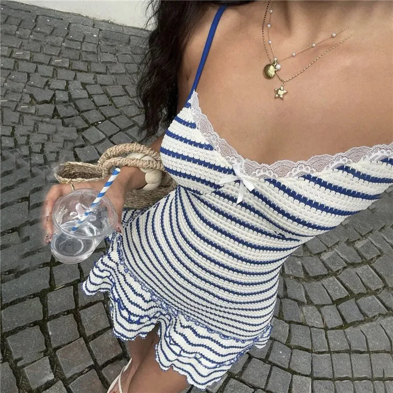 Women Striped Cami Mini Dress Lace Trim V Neck Bow Detail Ruffle Hem Spaghetti Strap Bodycon Short Dress Summer Beach