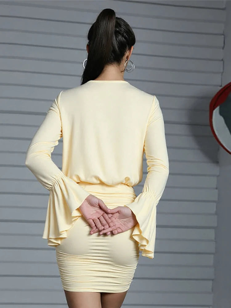 Patchwork Sashes Dress Women Ruched Elegant Thin Flare Sleeve Cross v-Neck Solid Irregular Simple Trend Mini Bodycon