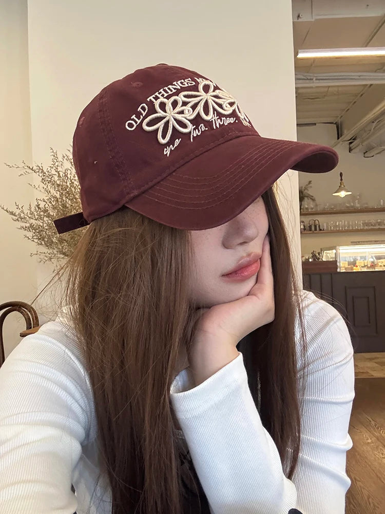 Vintage Washed Cotton Baseball Cap with Cute Flower Embroidery