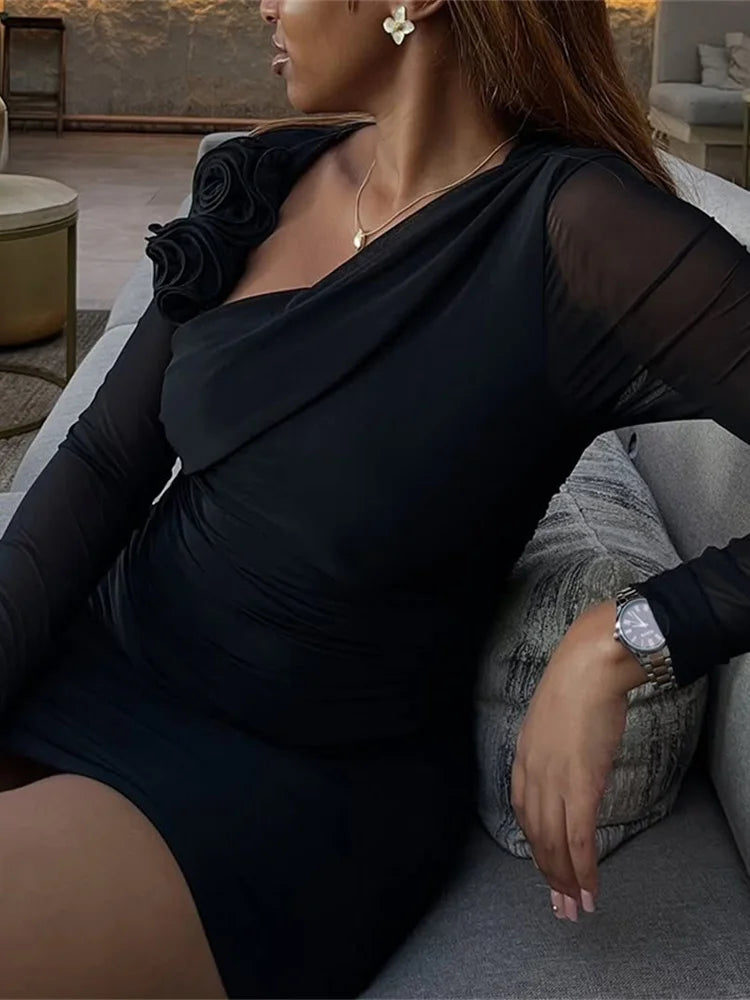 Patchwork Mesh Sexy Dress Women 3D Flowers Folds Slanted Collar Elastic Midnight Autumn Trend Party Clubwear Bodycon