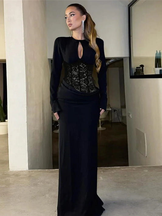 Hollow Maxi Dress Women o-Neck Patchwork Jacquard Fake Fish Bone Decoration Folds Skinny Elegant Party Autumn Vestidos