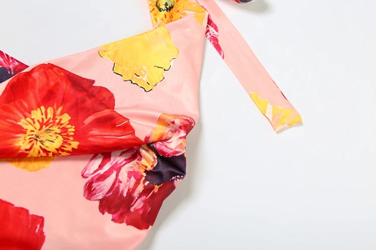 Floral Print 2 Piece Set Women Halter Low-Neck Backless Crop Tops+Skinny Splits Long Skirts Vacation Beach Style Suit