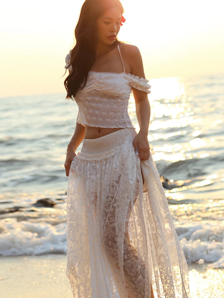 Jacquard Patchwork 2-Piece Set Women Lace Bandage Crop Tops+High Slits Skinny Skirt Beach Vacation Matching Clubwear