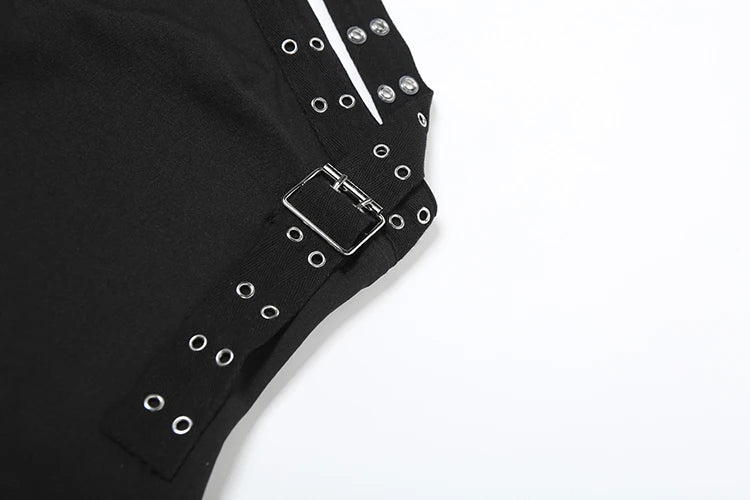 Sexy Hipster Hollow 3-Piece Set Women Biased Collar Backless Tank Tops+Rivet Waistband+Simple Shorts Midnight Suit