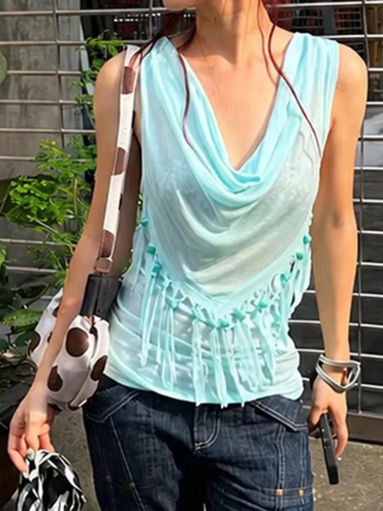 Folds Swing Collar Vest Women Tassel Solid Summer Fashion Music Festival High Street Hip-Hop Style Chic Leisure Clubwear