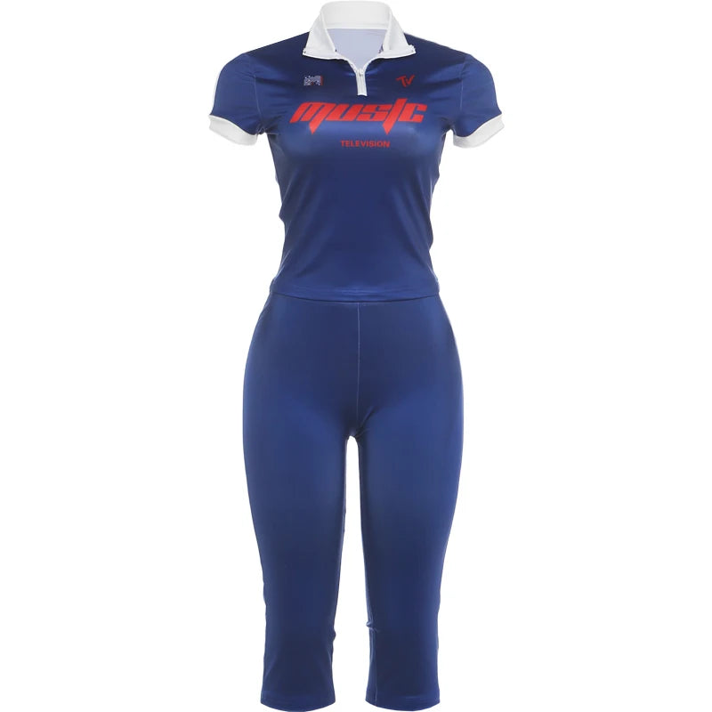 Casuals 2 Piece Set Women Trend Letter Print Color Blocking Short Sleeve T-Shirt+Capri Pants Simple Sporty Streetwear