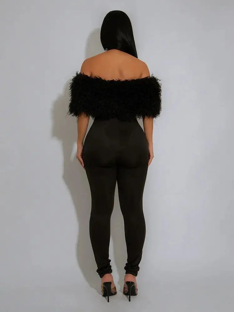 Furry Slash Neck Jumpsuit Women Skinny Fitness Fall Trend Hipster Fitness Elegant Stretch Streetwear Workout Overalls