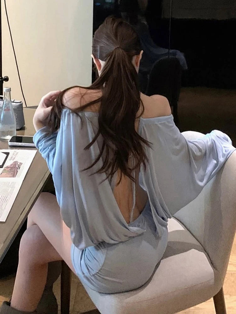 Elegant Slash Neck Dress Women Sexy Bat Sleeve Ruched Backless Bandage Club Streewear Stretch Peach Hip Mini Bodycon