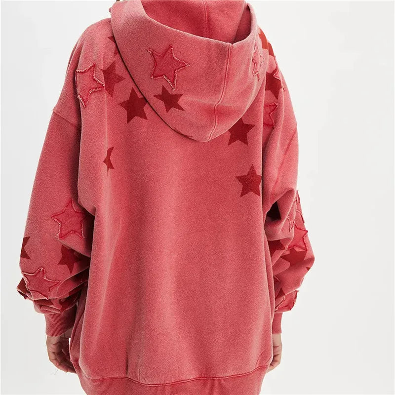 American Casual Oversized Star Patch Hoodie Women Vintage Loose Drop Shoulder Kangaroo Pocket Everyday Street Sweatshirt