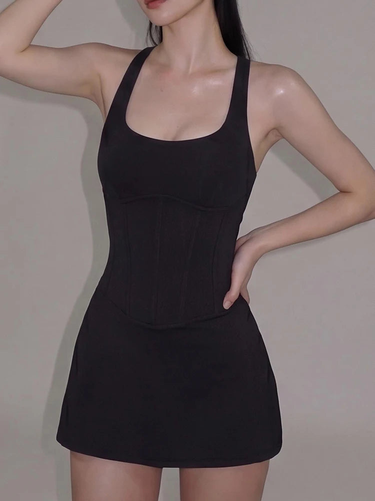 Fashion Simple Dress Women Trend Classic Low-Neck Sleeveless Patchwork  Stretch Skinny Elegant Party Club Bodycon