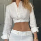 French Women White Cropped Shirt Long Sleeve Button Front Ruffle Edge Crop Top Casual Summer Beach Vacation Blouse