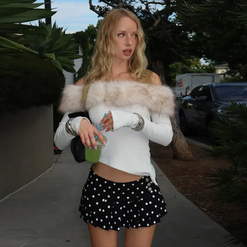 Faux Fur Collar Off Shoulder Long Sleeve Tees White Rib Crop Tops Streetwear Tshirts Y2k Woman Clothes
