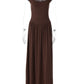 Women Square Cap Sleeve Midi Dress Elegant Brown U Neck Slim Waist Bodycon Club Party Pleated Long Dresses Fashion