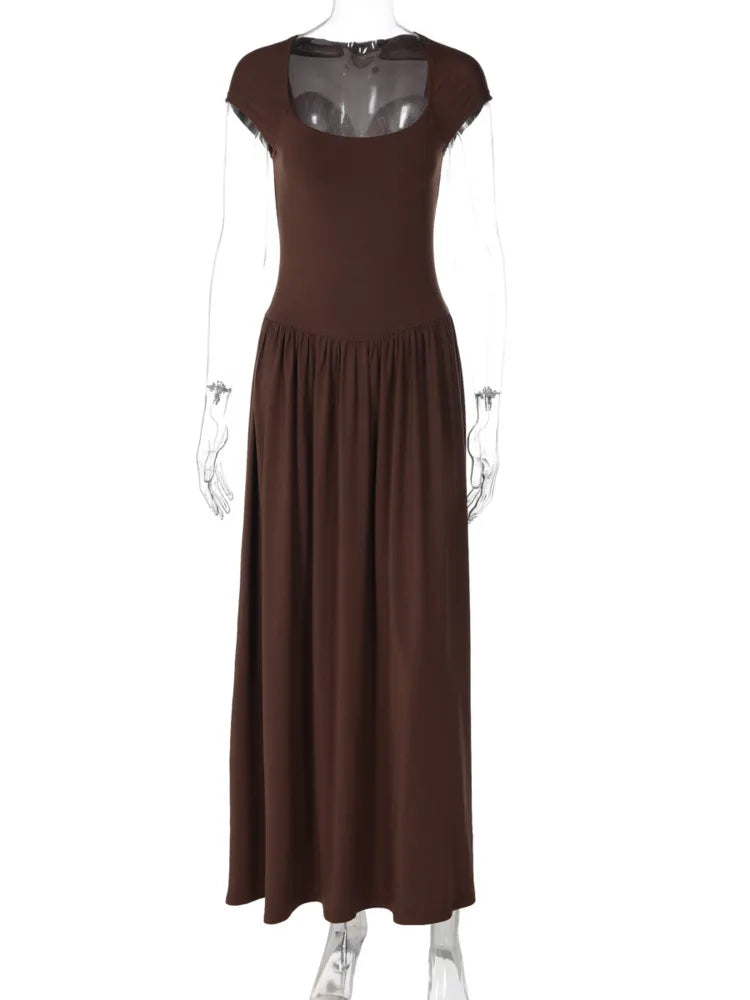 Women Square Cap Sleeve Midi Dress Elegant Brown U Neck Slim Waist Bodycon Club Party Pleated Long Dresses Fashion