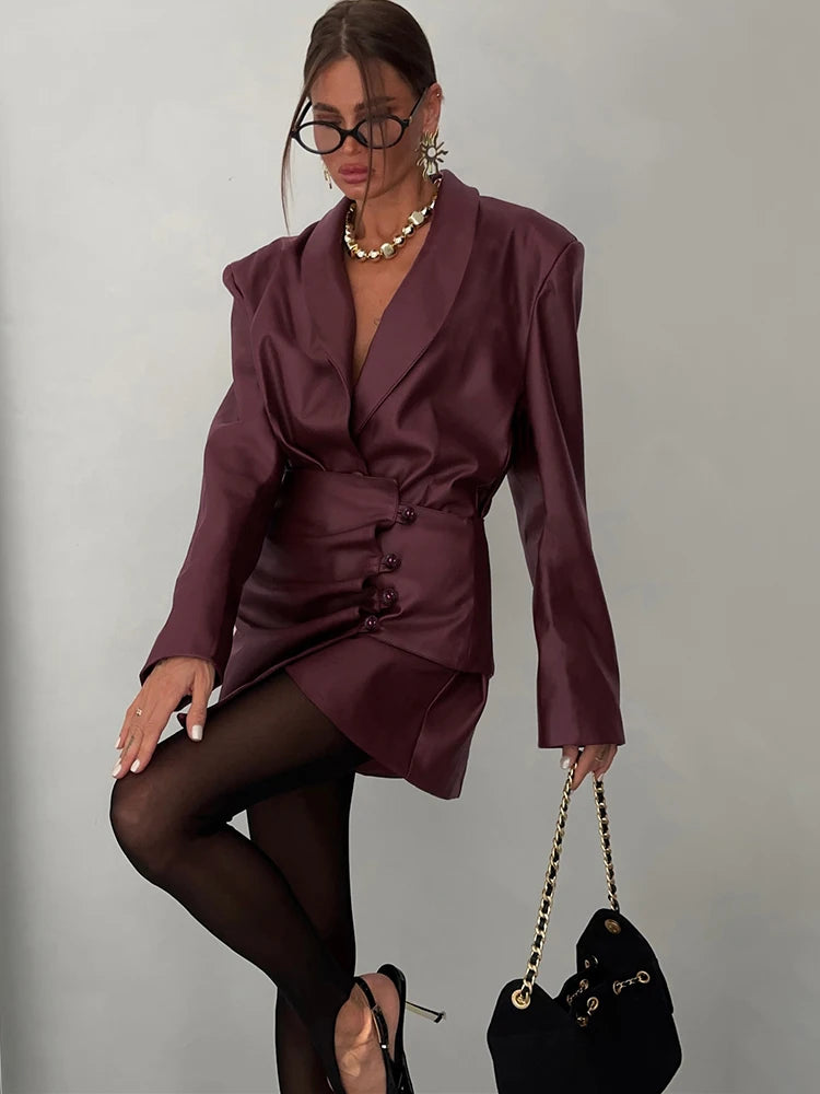 Retro PU Leather 2 Piece Set Woman V-Neck Single Button Full Sleeve Jackets+Irregular Skirts Office Style Elegant Suits