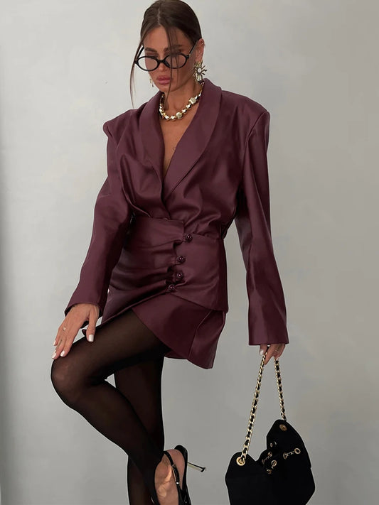 Retro PU Leather 2 Piece Set Woman V-Neck Single Button Full Sleeve Jackets+Irregular Skirts Office Style Elegant Suits