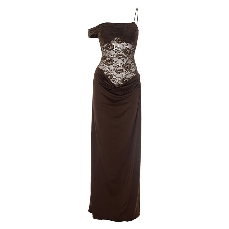 See Through Lace Spliced One Shoulder High Split Maxi Dress European Style Clothes Woman Sexy Party Dresses