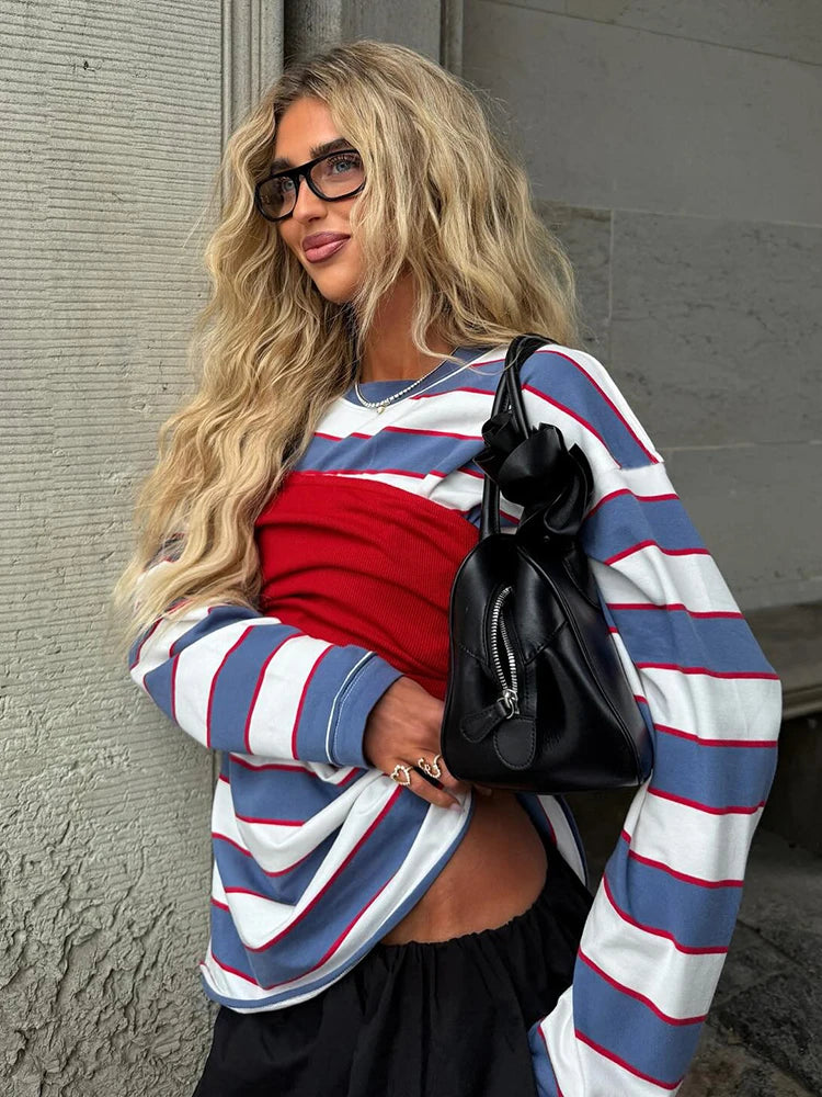 Trend Tops 2 Piece Set Women Fashion Simple Waist-Cinching Vest+Striped Print Full Sleeve T-Shirts Chic Street Tess