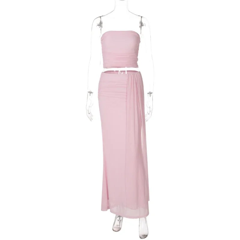 Pink Mesh Tube Top Long Skirt Suit Two Piece Set Woman Elegant Sexy Wedding Guest Outfit