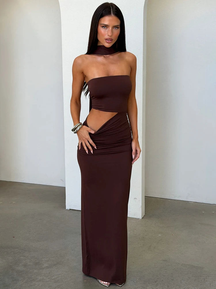 Halter Neck Strapless Sexy Maxi Dress Women Summer Elegant Off-shoulder Ruched Cutout Bodycon Party Long Dresses