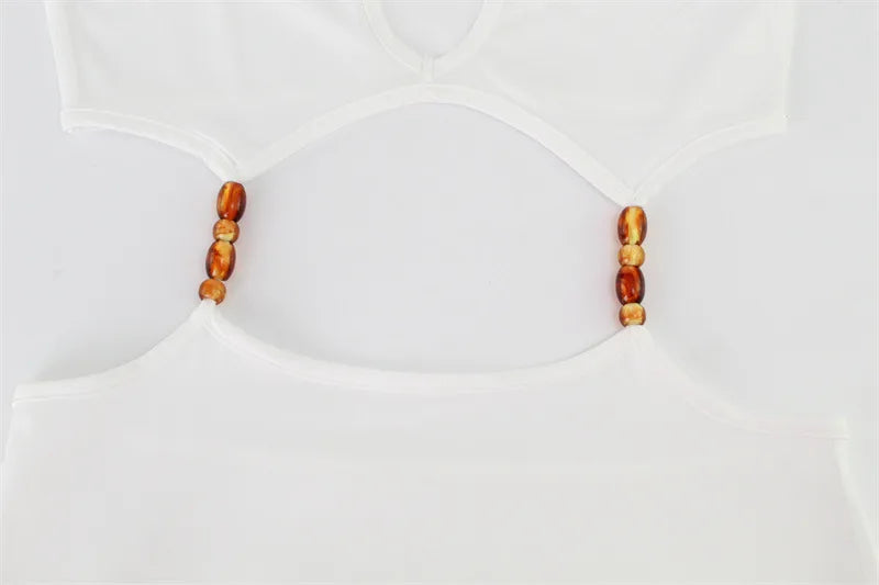 Sexy Hollow Waistless Maxi Dress Women Y2K Bead Splits Elegant Summer Skinny Simple Classic Solid Sleeveless Vestidos