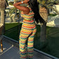 Crochet Stripe 2 Piece Set Women o-Neck Sleeveless Crop Tops+Straight Pants Street Fashion Y2K Style Elegant Outfits