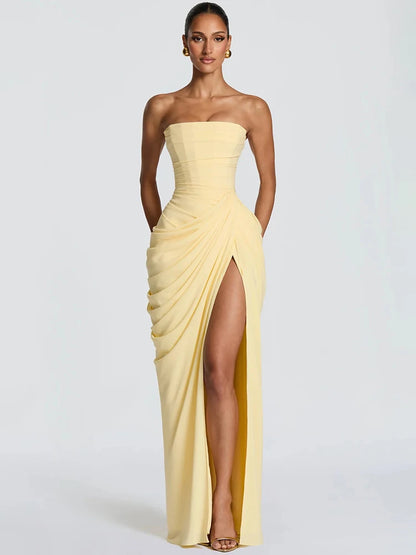Chiffon Off-shoulder Strapless Sexy Maxi Dress Women Elegant Sleeveless Backless High Split Ruched Club Party Dress