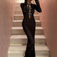 Hollow Out Knit Sexy Maxi Dress Women Fashion See Through Smock Dress Elegant Long Sleeve Backless Fishtail Dress