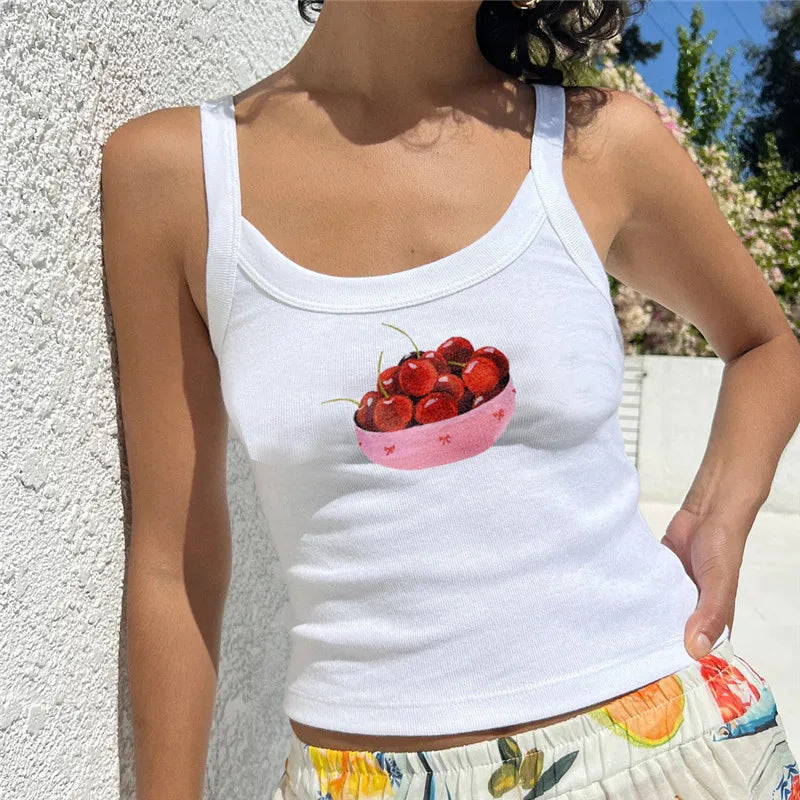Women's Y2k Cute Print Tank Top Vintage Aesthetic Slim Fit Sleeveless Crop Top 90s E Girls Summer Going Out Mini Top