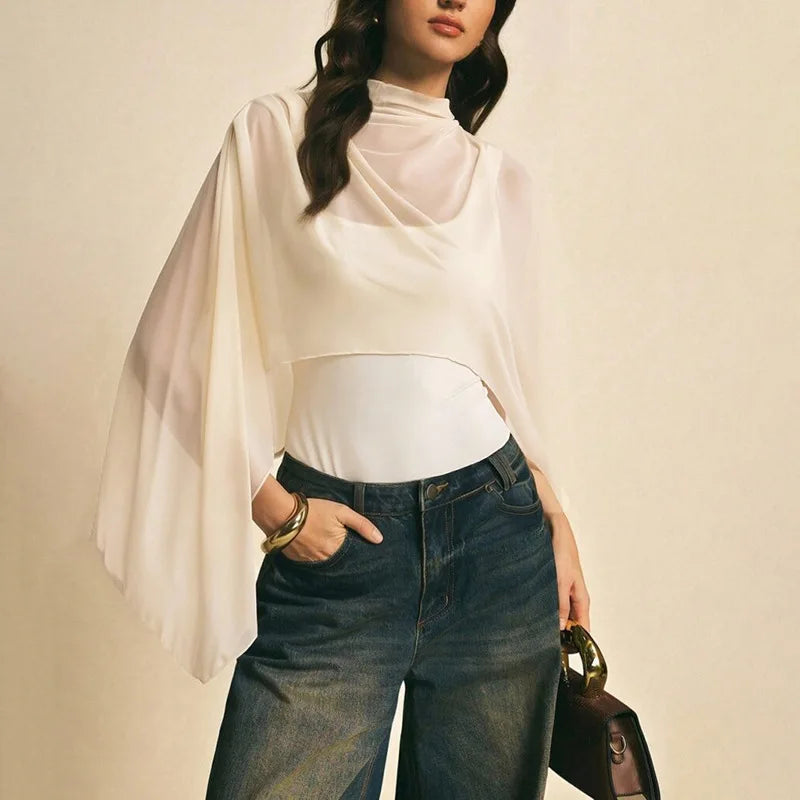 Seethru Mesh Asymmetric Shawl Sleeveless Bodysuits Elegant Woman Clothing 2026 Summer Tops